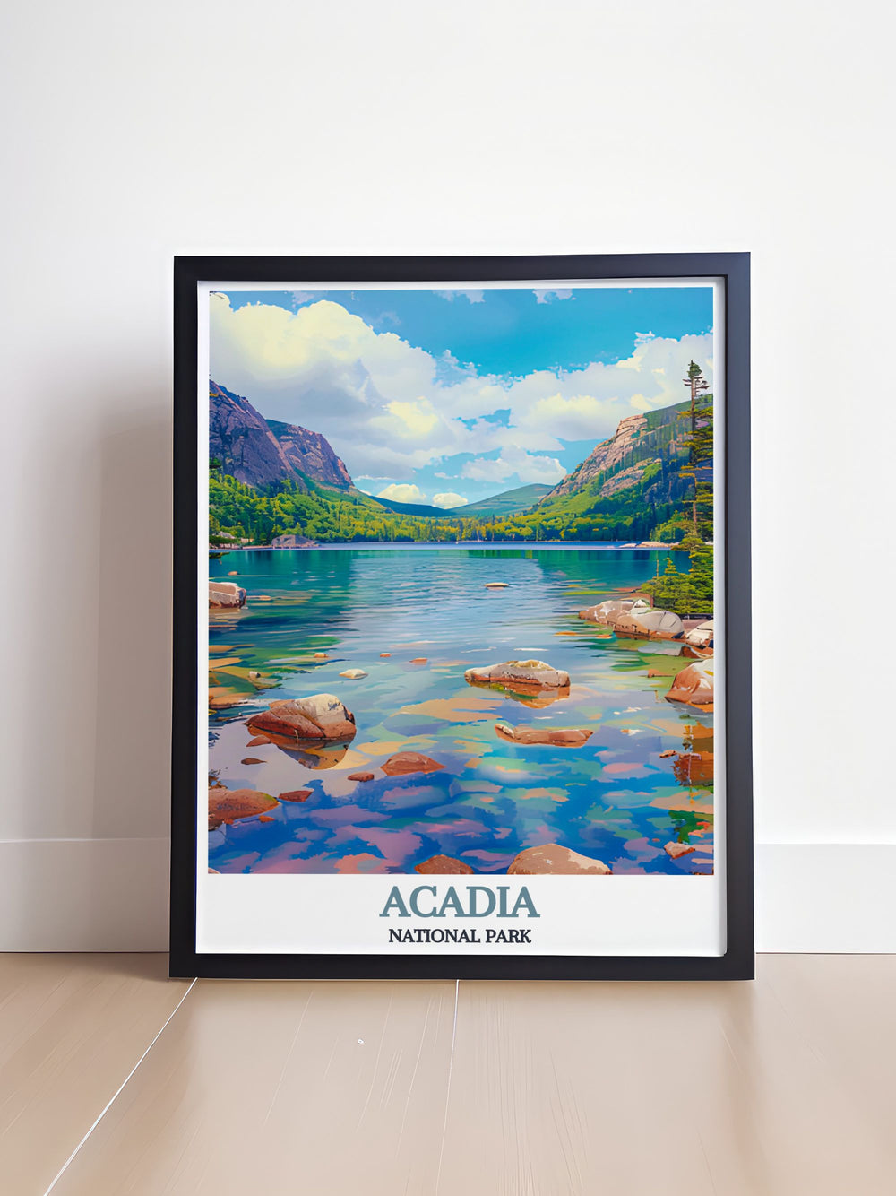 Beautiful retro travel print featuring Jordan Pond in Acadia National Park perfect for creating a peaceful atmosphere in any room vintage design capturing the essence of one of the most beloved US national parks ideal for home or office decor.