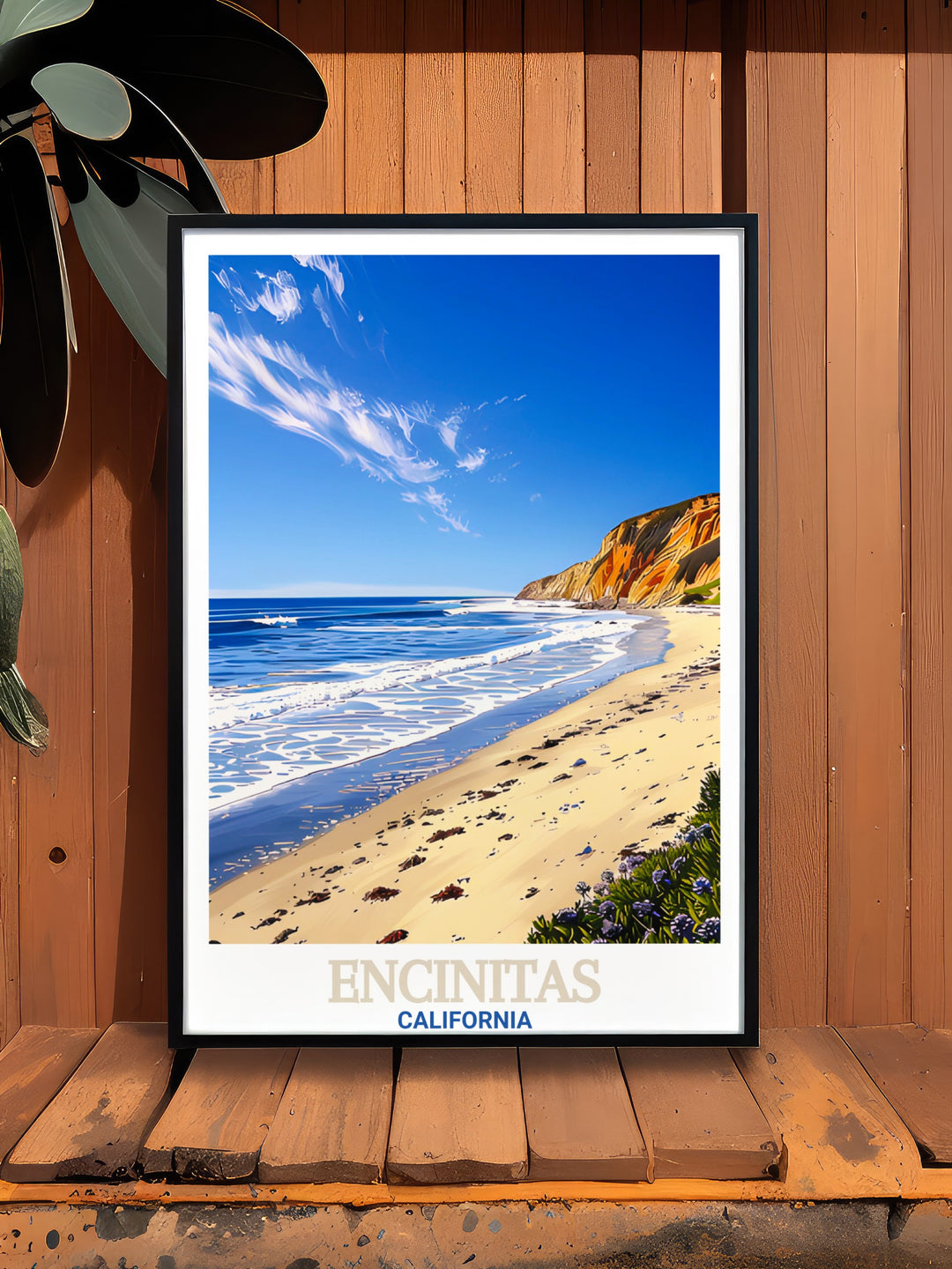 Encinitas vintage poster offers a nostalgic view of the iconic California coastline, featuring Swamis Beach and its legendary surf breaks. This canvas print makes a unique addition to your home décor or a perfect personalized gift for fans of beach life.