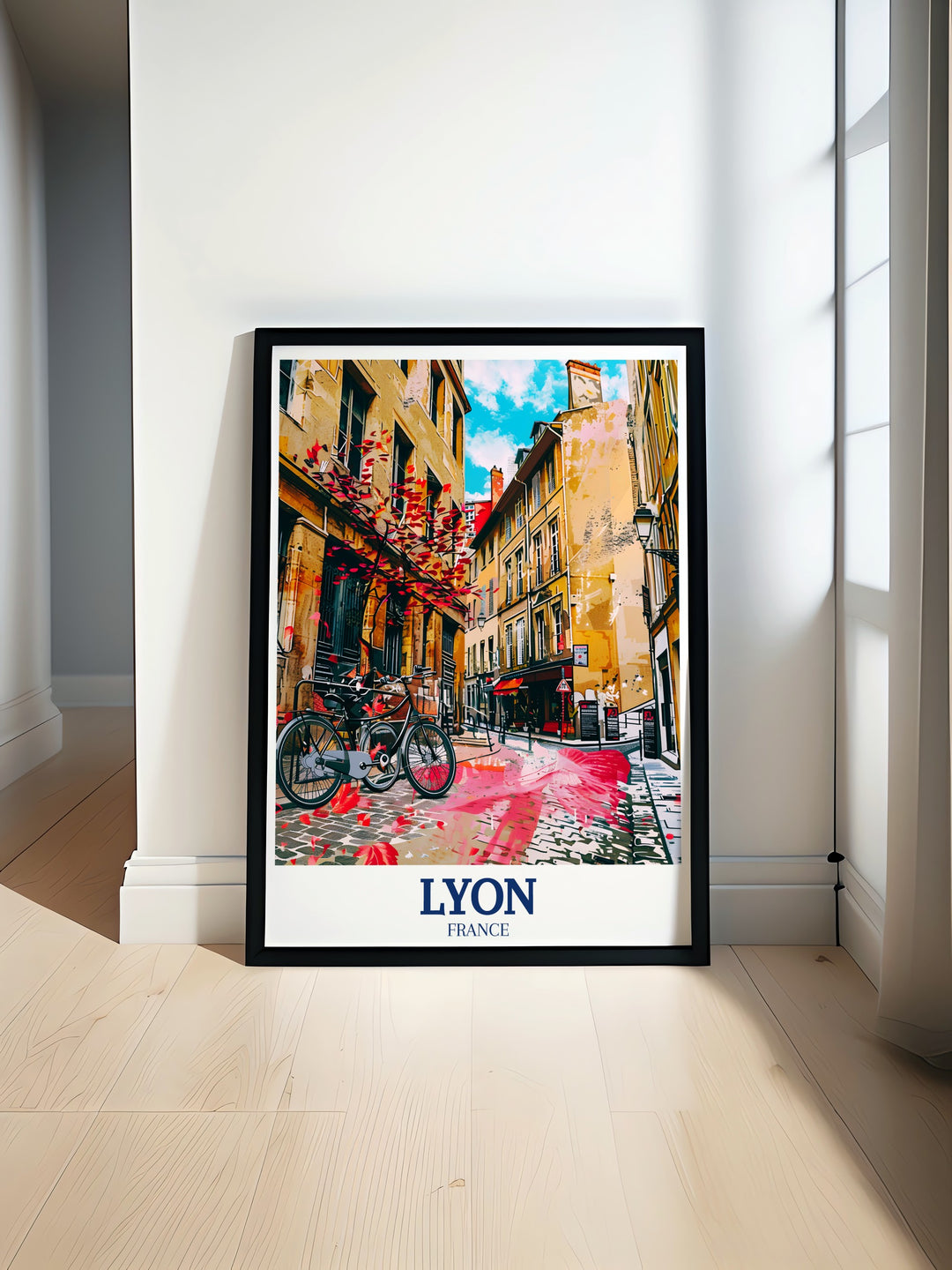 A fine line Lyon poster print showcasing the timeless beauty of Old Town and the picturesque Trinity Town Square. The artwork captures the essence of French architecture and culture, making it a perfect addition to any space.