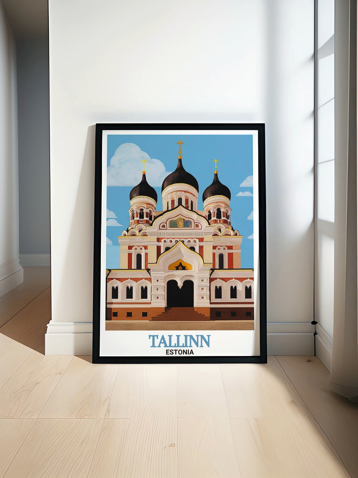 A beautifully detailed wall art print featuring Tallinns Alexander Nevsky Cathedral in Estonia. This travel poster is ideal for anyone who loves European architecture or has visited Estonia, making it a meaningful addition to any space. A thoughtful gift for travelers or those who love European history.