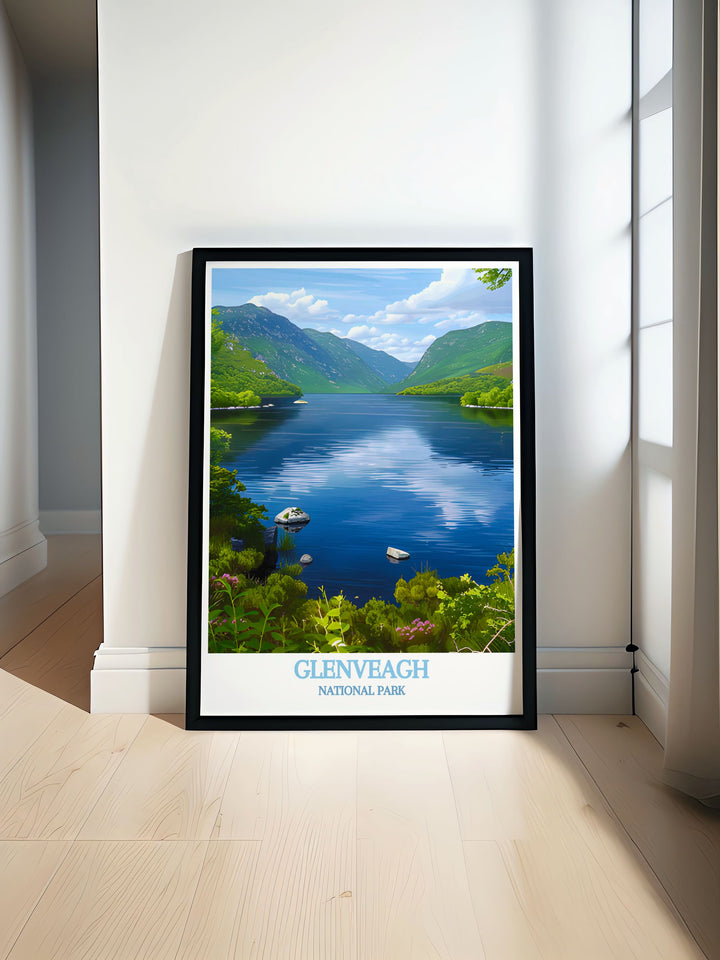 Custom print of Lough Veagh, illustrating its serene waters and picturesque surroundings, ideal for those who appreciate the blend of history and natural beauty in Ireland.
