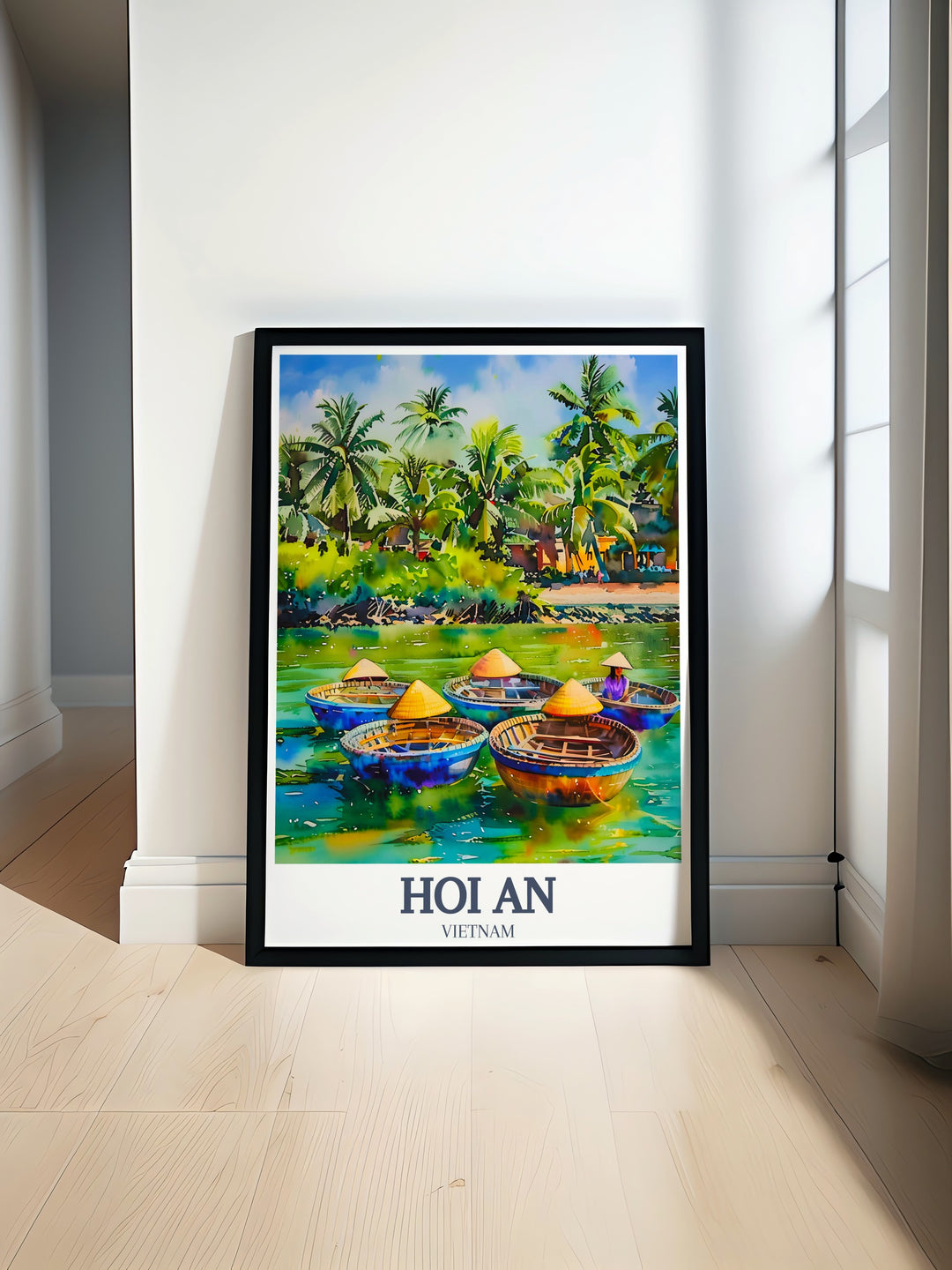 A serene view of Cam Thanh Village depicted in a vibrant travel print. This wall art brings the peaceful rivers and lush coconut forests of this charming Vietnamese countryside to life, perfect for home décor or as a thoughtful gift for nature lovers.