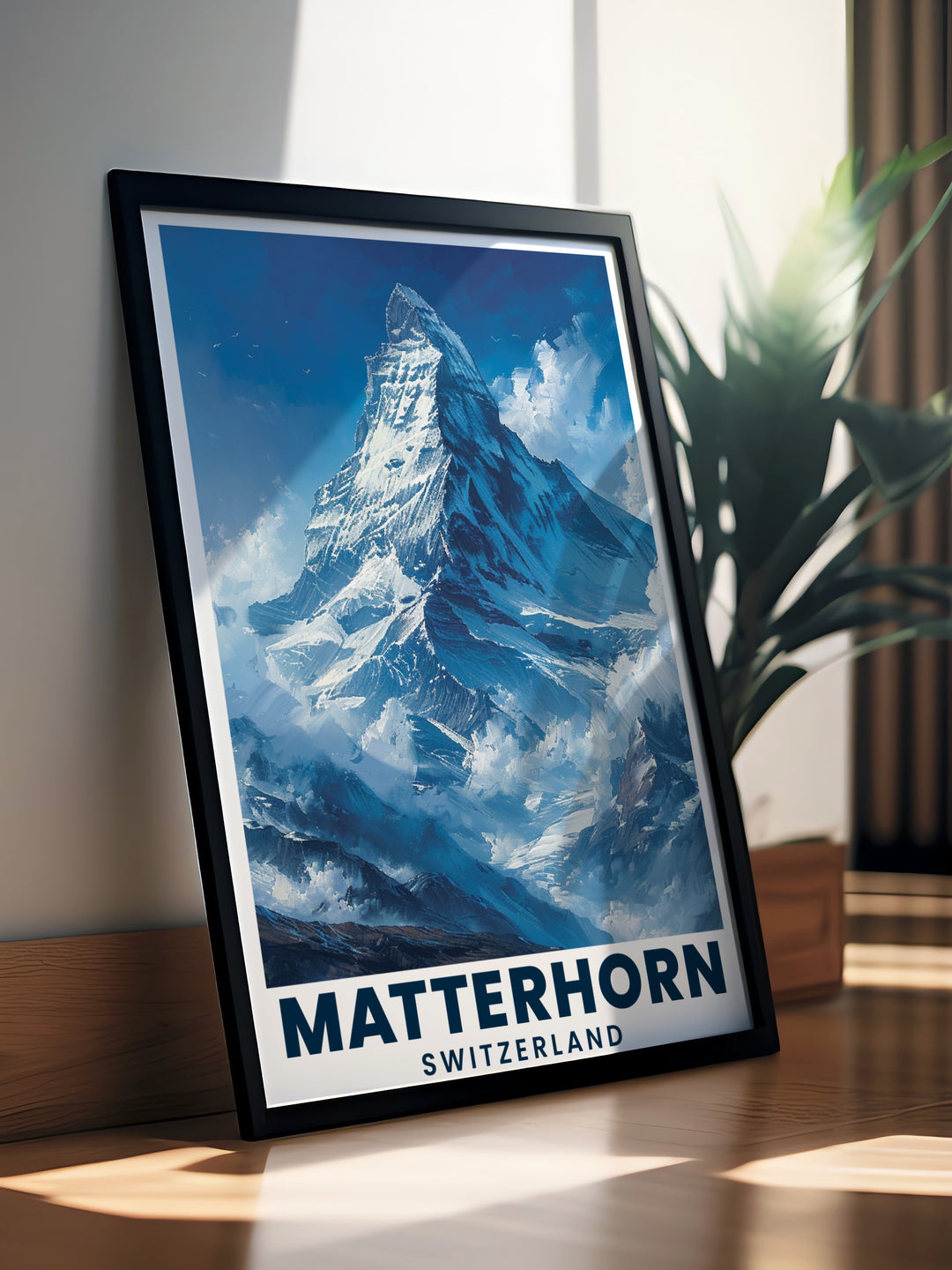 Vintage Matterhorn Ski Resort Print showcasing the beauty of snowy mountain peaks with elegant artwork perfect for stylish living room decor