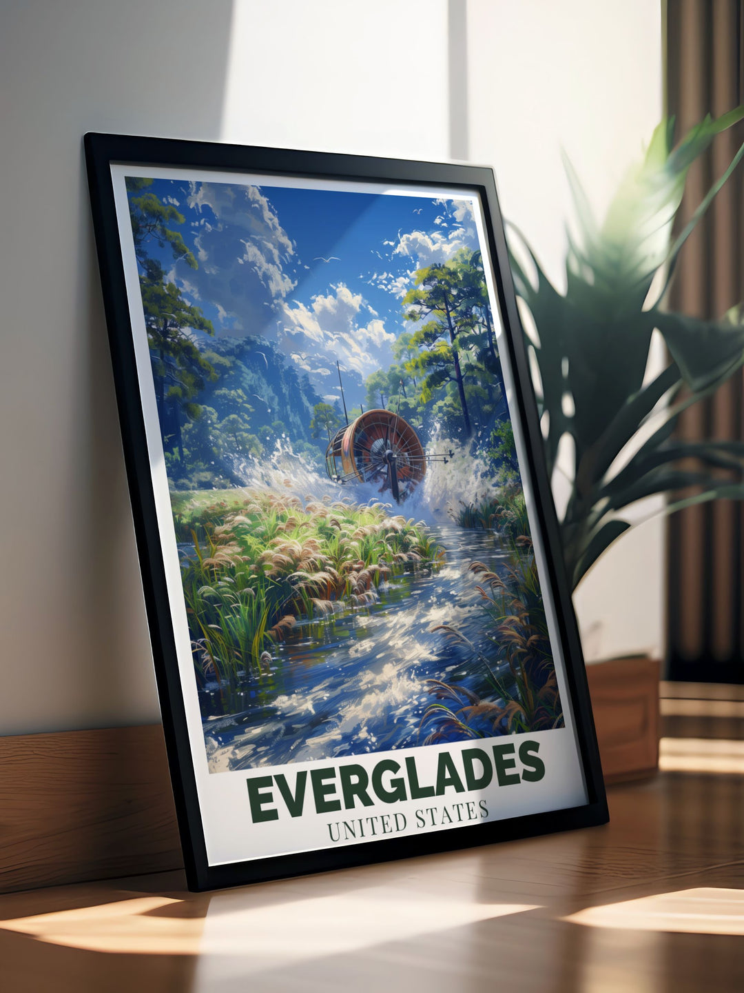 Everglades Wall Art depicting the lush wetlands and diverse wildlife of the National Park. A beautiful addition to your Florida wall art collection. This print also showcases the exciting Airboat ride through the 10K islands, adding a sense of adventure.