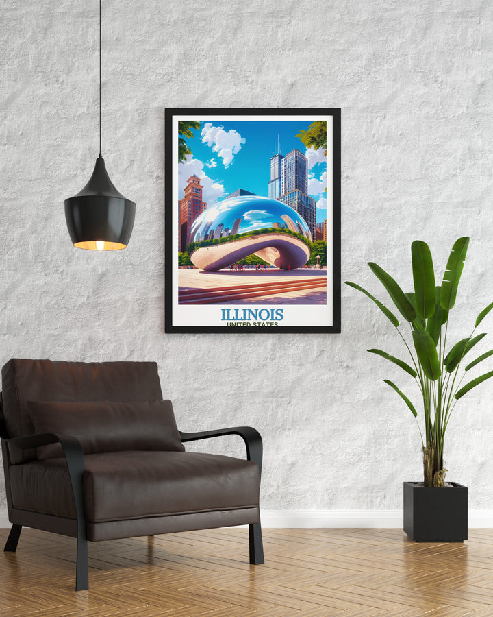 This stunning travel poster highlights Chicagos Millennium Park, featuring the famous skyline and Cloud Gate. Its an ideal choice for lovers of urban landscapes, making your walls pop with the bold spirit of the Windy City.