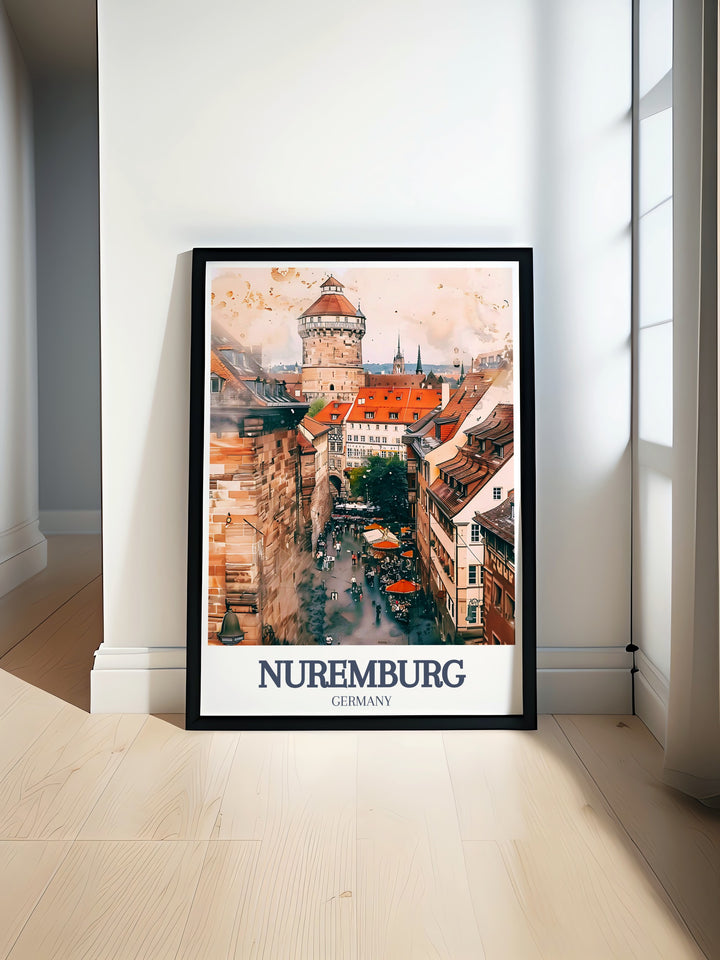 Nuremberg poster print showcasing the iconic Nuremberg Castle and the bustling Hauptmarkt. This artwork captures the rich history and vibrant culture of Nuremberg in a sleek, modern design. Ideal for those who love Germanys architectural beauty, this travel print makes a perfect addition to any home or office.