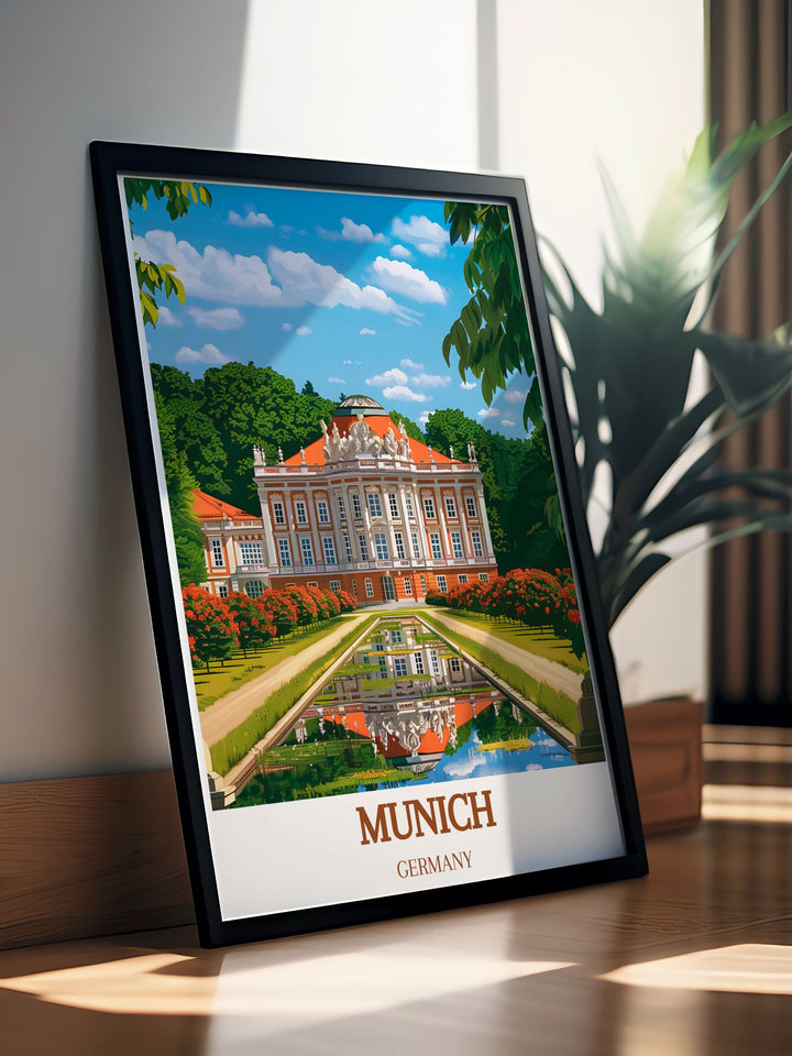 Stunning Munich Poster highlighting GERMANY Nymphenburg Palace intricate details baroque façade and expansive gardens vibrant colors and high quality photography perfect for Germany wall art lovers and those who appreciate historical landmarks ideal for home decor