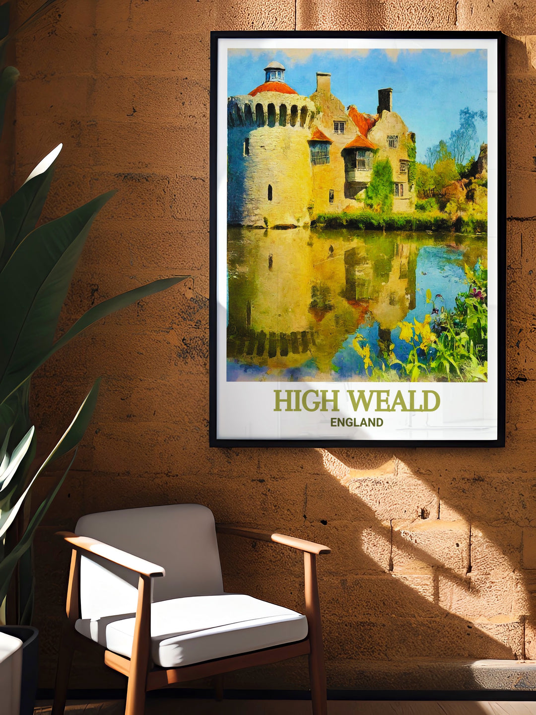 Vintage travel print of High Weald and Scotney Castle offering a serene view of the English countryside perfect for creating a peaceful atmosphere in your living room or as part of your collection of retro artwork and British landscape prints.