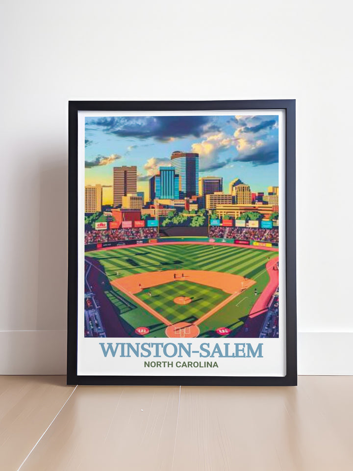 Fine line print of Winston Salems BB&T Ballpark. This artwork features intricate details and vibrant colors, capturing the essence of the citys beloved sports venue. Perfect for adding a touch of city charm to any room.