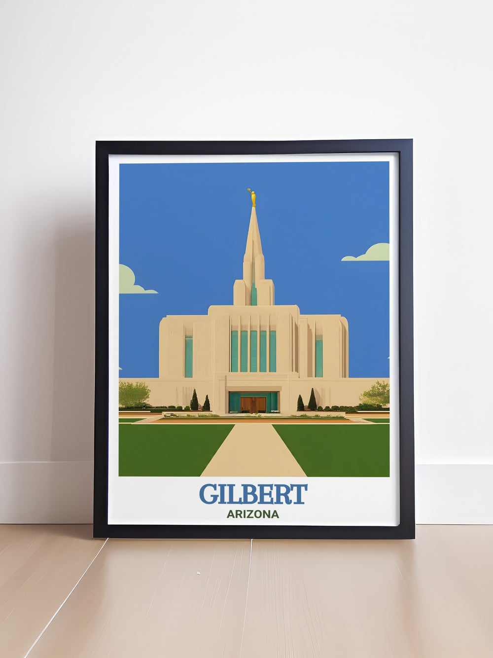 Featuring the majestic Gilbert Temple, this Arizona wall art print offers a stunning view of the iconic landmark. A perfect gift for Arizona lovers, this poster brings the Southwests charm and architectural beauty into any home or office.