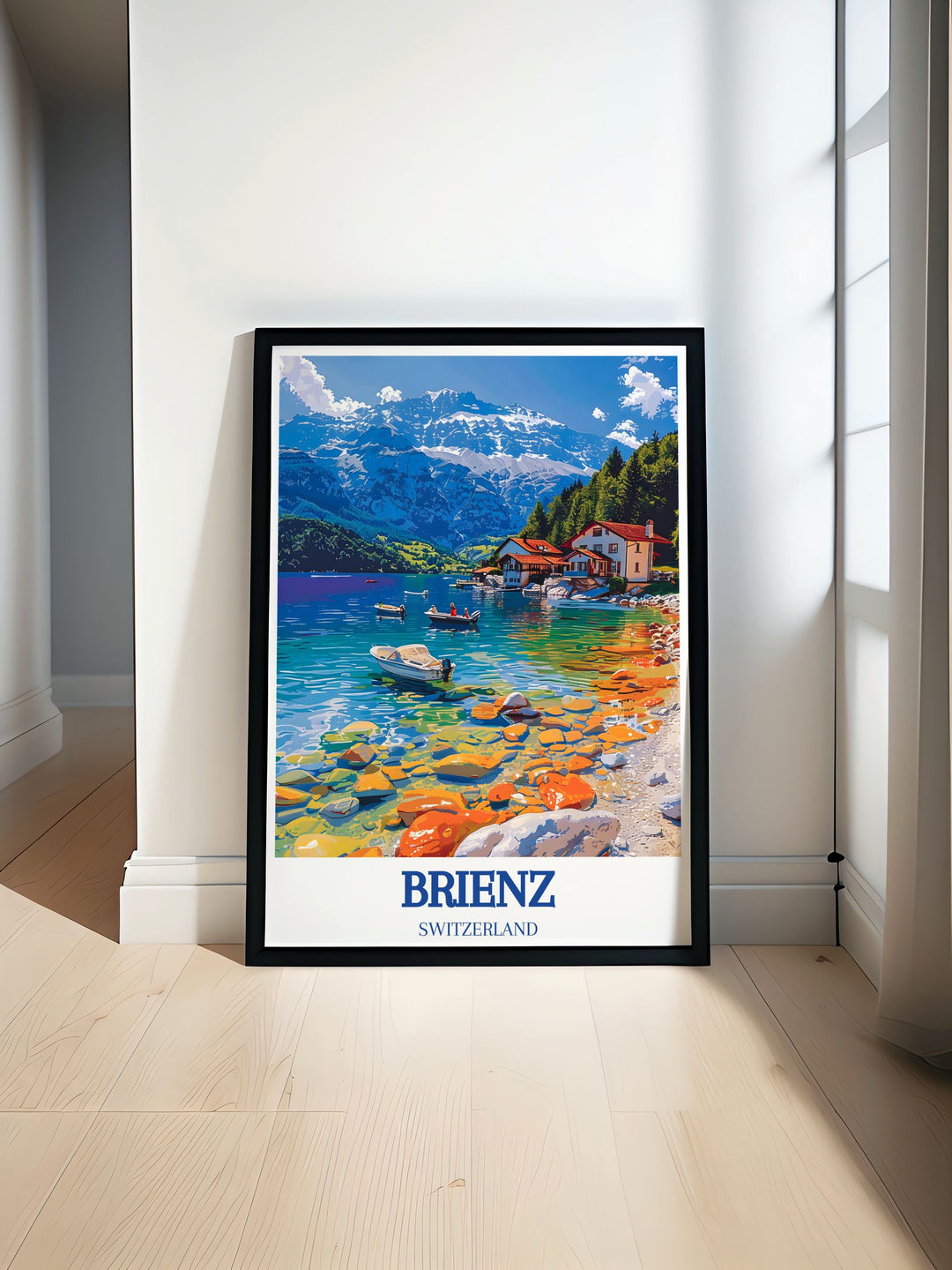 Vintage travel print of Lake Brienz and Brienzer Rothorn capturing the serene beauty of the Swiss Alps perfect for home decor and travel enthusiasts this print showcases vibrant colors and intricate details ideal for any room