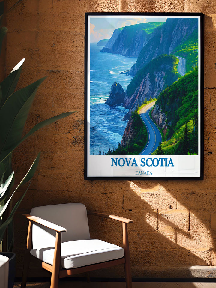 Charming Cabot Trail wall art showcasing the rugged beauty of Nova Scotia. Ideal for home decor and a thoughtful gift for anyone who enjoys Canadian scenery and artwork.