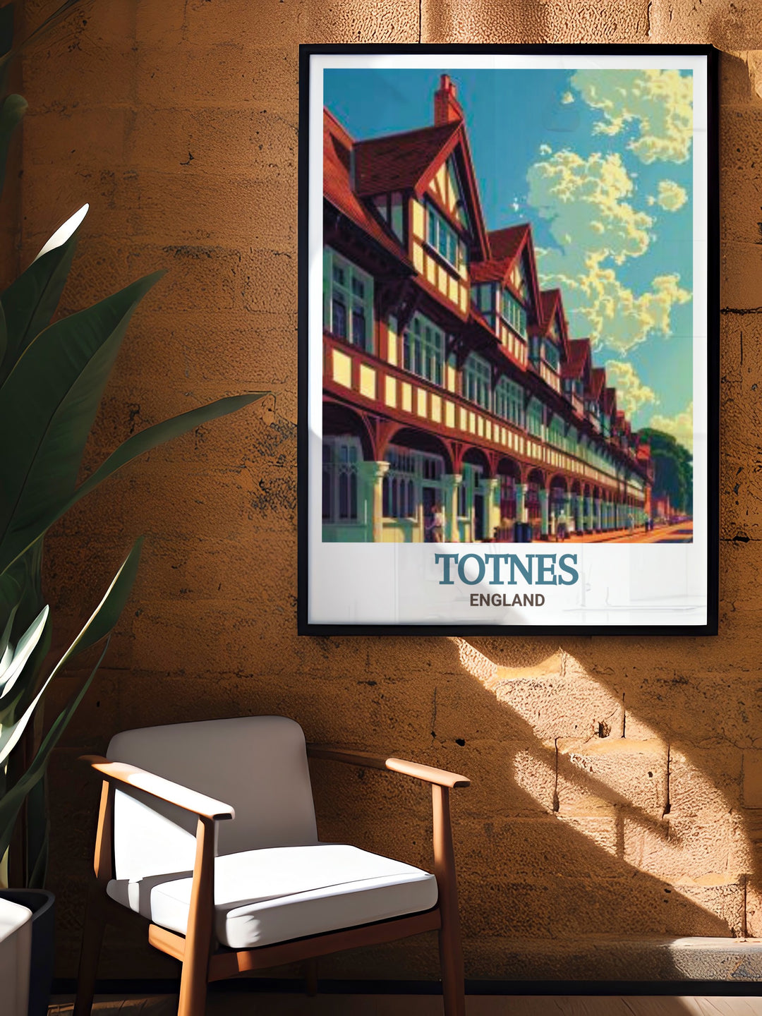 Totnes travel art poster featuring The Butterwalk, capturing the historic and architectural beauty of this iconic landmark. Perfect for adding a touch of English charm to your home decor. This print is ideal for history and architecture enthusiasts.