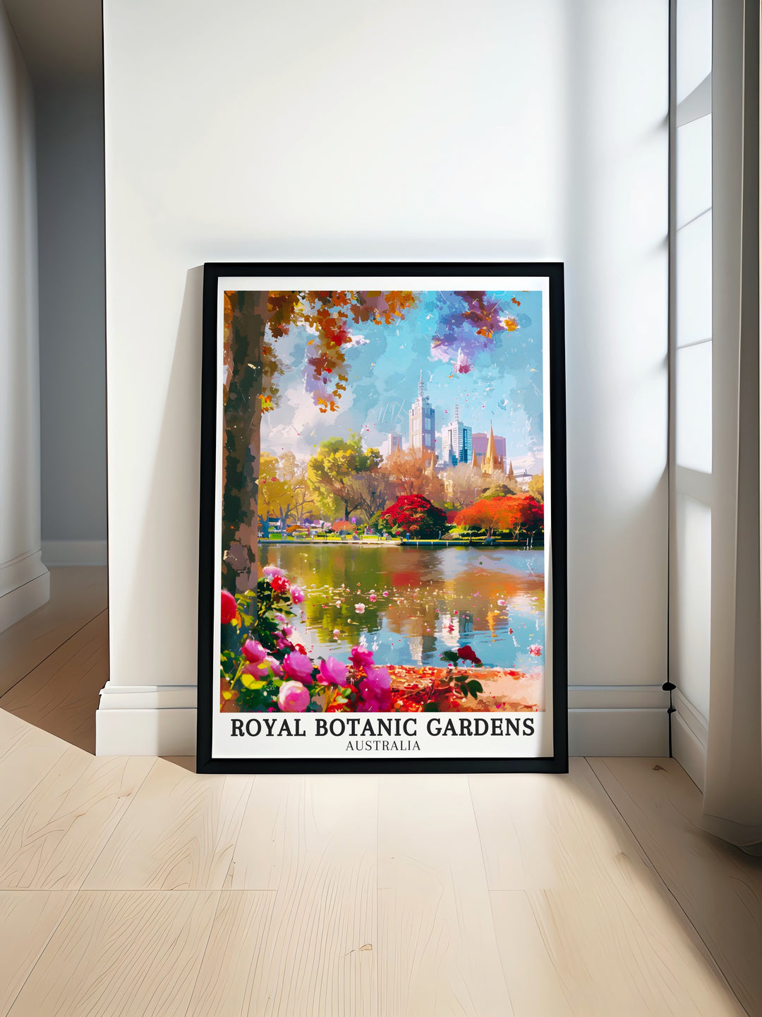 Discover the beauty of the Royal Botanic Gardens with this stunning Australia Wall Art featuring the Melbourne Skyline Ornamental Lake a perfect addition to your decor or as a unique Australia souvenir that brings nature and city life into harmony