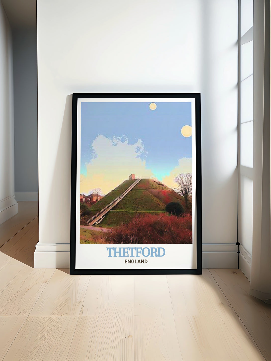 Enhance your home decor with this custom print of Castle Hill in Thetford, England. The artwork showcases the tranquil yet historically rich landscape, offering a unique way to celebrate the heritage of the UK in your living space