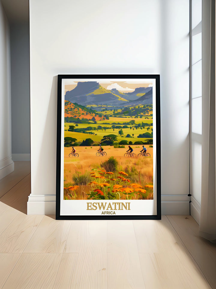 Eswatini wall art highlights the rich landscapes and iconic wildlife of southern Africa, with Mlilwane Wildlife Sanctuary offering a tranquil and wild retreat. This travel poster is perfect for anyone looking to add a piece of Africas wilderness to their decor.