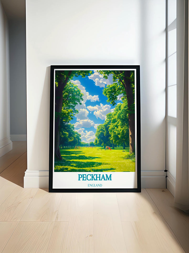 Peckham Rye Park modern print showcasing the lush greenery and serene landscapes of this South London park ideal for enhancing your home with a touch of nature.