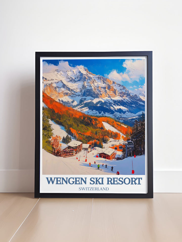 Beautiful home decor piece highlighting the dramatic scenery of Grindelwald, Switzerland. This print captures the majestic Eiger mountain and the vibrant village below, making it a striking addition to any room.