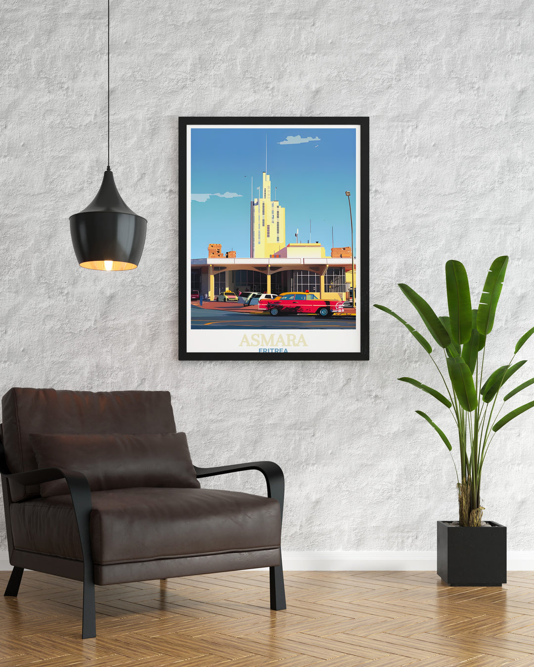 Breathtaking travel poster featuring Fiat Tagliero Building and Asmara skyline, ideal for those who appreciate architectural beauty and urban landscapes.
