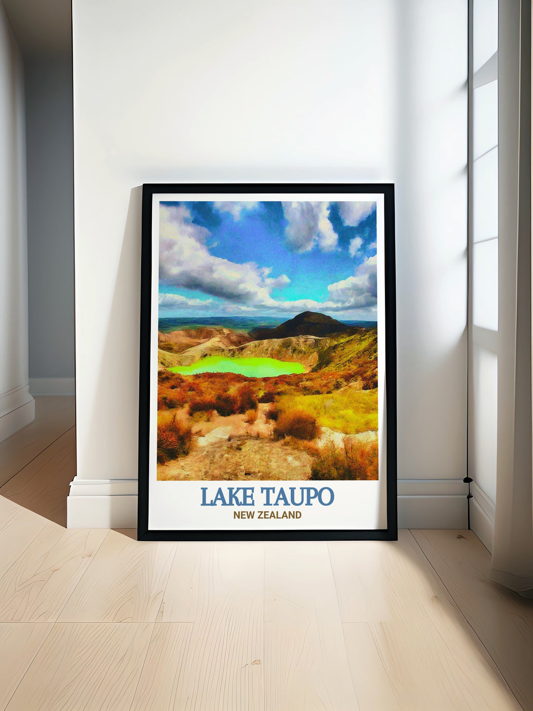 Lake Taupo Travel Poster featuring the serene and expansive vistas of Lake Taupo, capturing the essence of New Zealands natural beauty. This travel poster is ideal for those who love the outdoors and want to bring a piece of New Zealands wilderness into their living space.