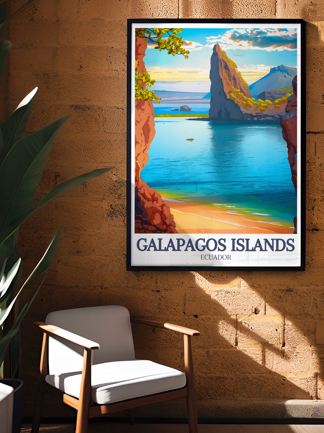 Galapagos Islands poster featuring the stunning Pinnacle Rock and Bartolomé Island. This wall print is a must have for anyone looking to showcase the natural beauty of Ecuadors landscapes, making it a great gift or home decor item.