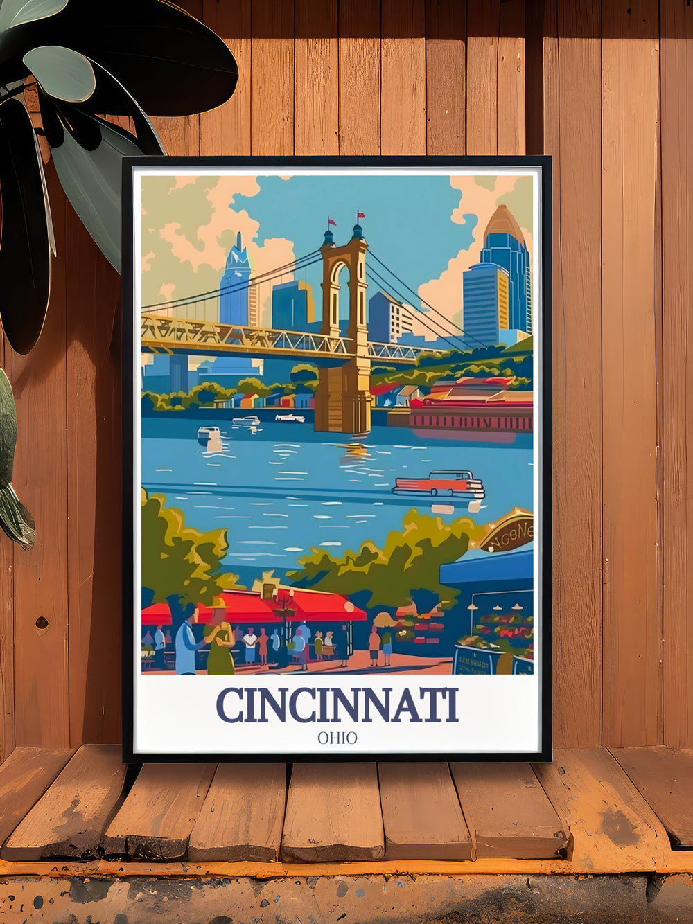 Cincinnati Poster featuring Ohio River and Findlay Market offering an elegant addition to any living space with botanical garden themes black and white city prints and stylish modern artwork ideal for enhancing home decor or gifting for special occasions