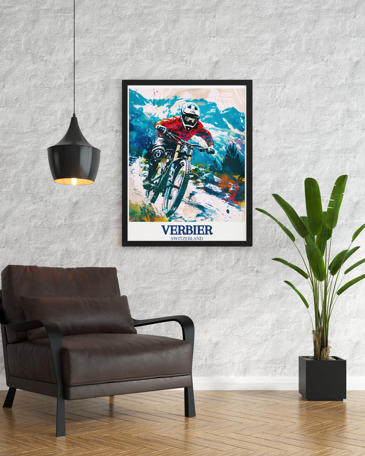 Verbier canvas art brings the energy of Switzerlands top skiing and mountain biking destination into your home. Featuring Mont Gelé and MTB Verbier, this travel print offers a perfect blend of adventure and natural beauty, making it an eye catching and memorable piece of wall art.