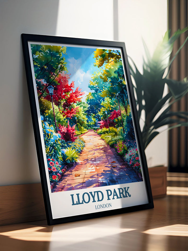 Vintage travel print of Lloyd Park in Walthamstow London featuring the rose garden. Perfect for adding a touch of nature and history to your home. A beautiful representation of Londons parks. Great for collectors of London travel posters and prints.