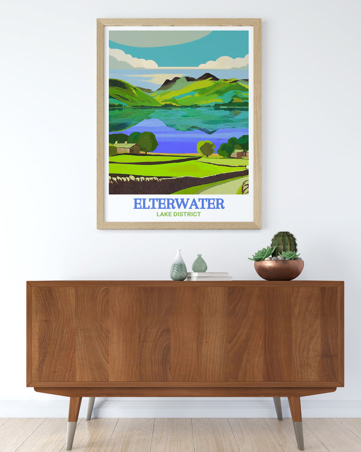 Elterwater Lake travel print captures the peaceful scenery of Cumbria with its vintage design. Featuring Great Langdale and Lingmoor Fell it makes an elegant home decor piece for those who admire the natural landscapes of the Lake District.