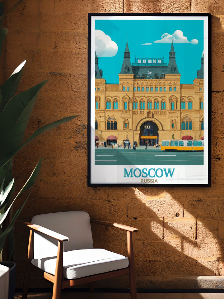 Detailed GUM Department Store poster in vibrant colors and intricate design ideal for Moscow enthusiasts looking to enhance their home decor with a piece of Russias rich architectural heritage.