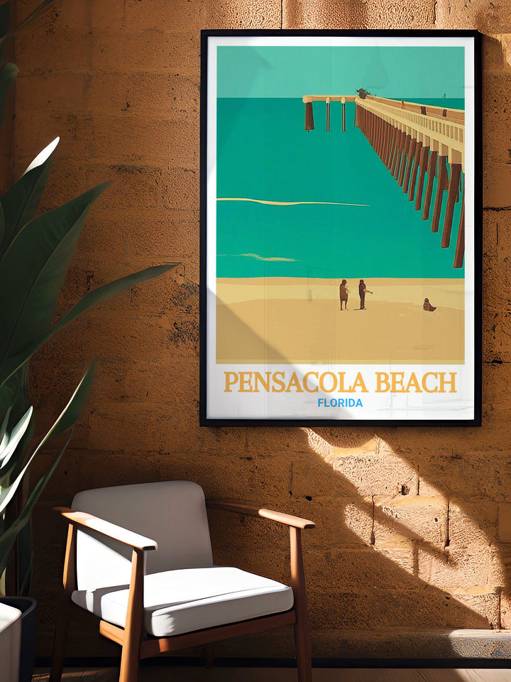 Pensacola Beach art print capturing the stunning views of Pensacola Beach Pier in Florida. Perfect for nature lovers and art enthusiasts. This vibrant and detailed artwork brings the beauty of Pensacola Beach into your home.