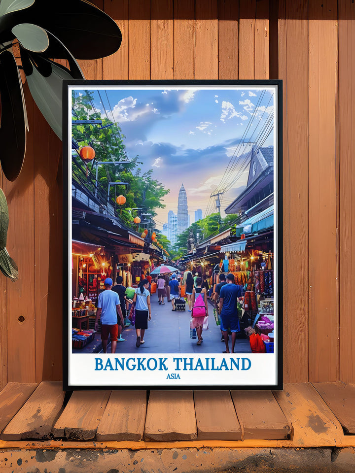 Bangkok skyline print capturing the citys modernity with its high rise buildings and busy streets, perfect for adding a contemporary Asian aesthetic to any room.