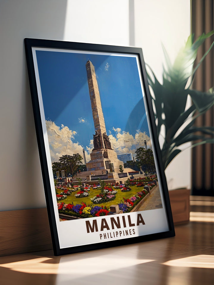 This Manila Travel Poster Print beautifully captures the citys charm, featuring the iconic Rizal Monument and the vibrant streets of the Philippines capital. Perfect for home décor or as a gift, this canvas art brings a modern touch to Manilas historic landmarks.