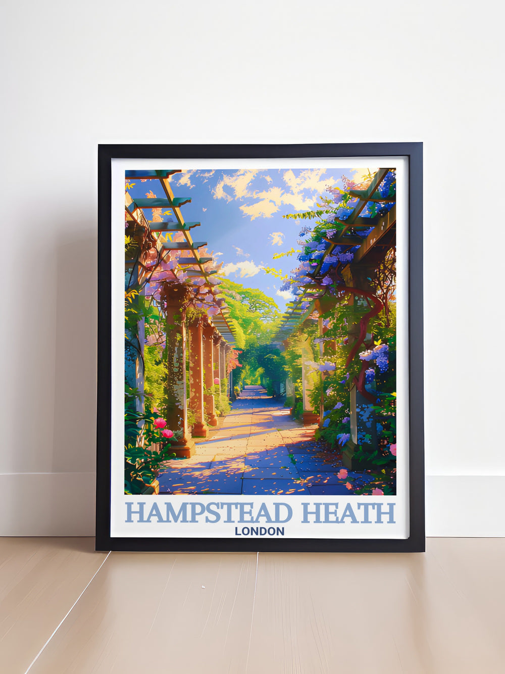 A vintage style travel poster that features Hampstead Heaths natural beauty, Hampstead Pergolas elegant design, and Europes vast landscapes. A perfect combination for those seeking classic, nature inspired wall art for their home.