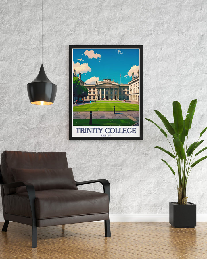 Trinity Colleges Campanile bell tower and cobblestone courtyards are featured in this Cambridge travel print, perfect for anyone who loves university architecture and English heritage. This framed art makes a stunning gift or décor piece.