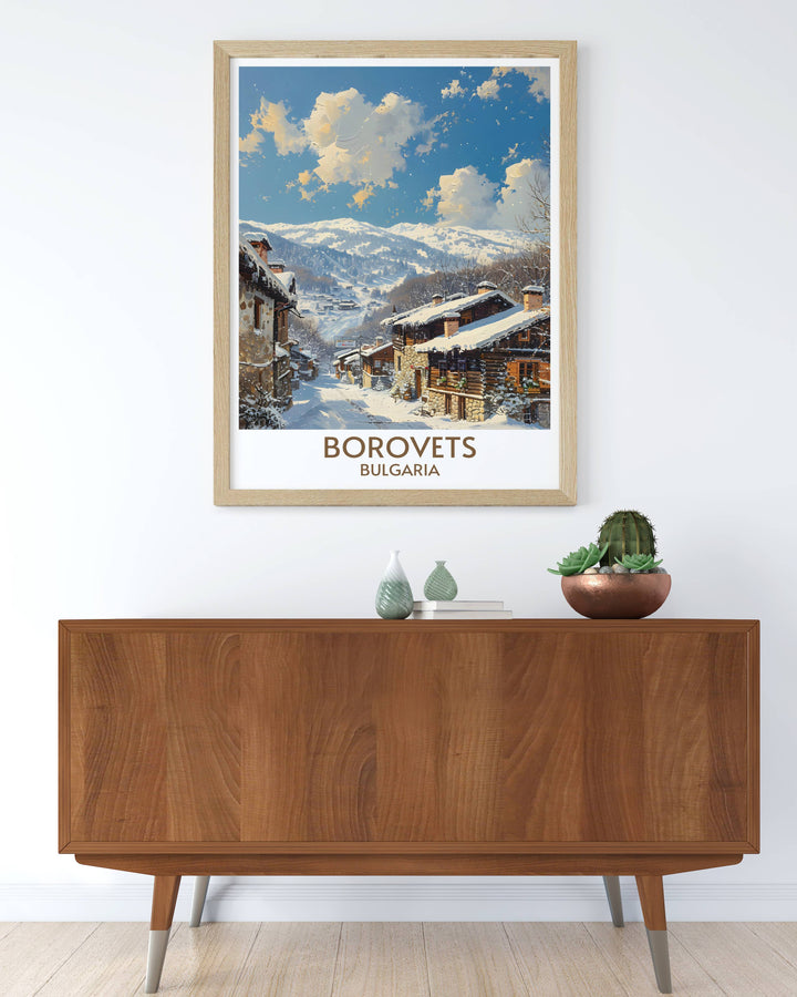 Framed print of Borovets ski slopes with picturesque views of the Rila Mountains and vibrant ski action scenes