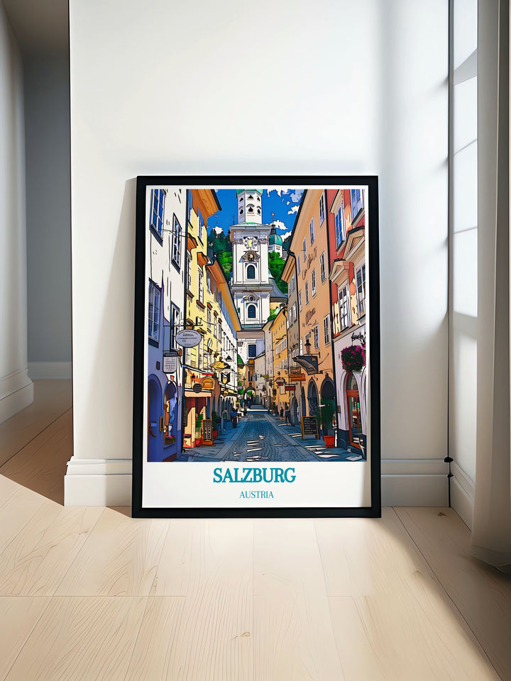 Salzburg Travel Poster showcasing the beauty of Zauchensee Ski Resort with the timeless charm of Salzburgs Old Town Altstadt featuring vintage skiing art perfect for adding Austrian elegance to any space