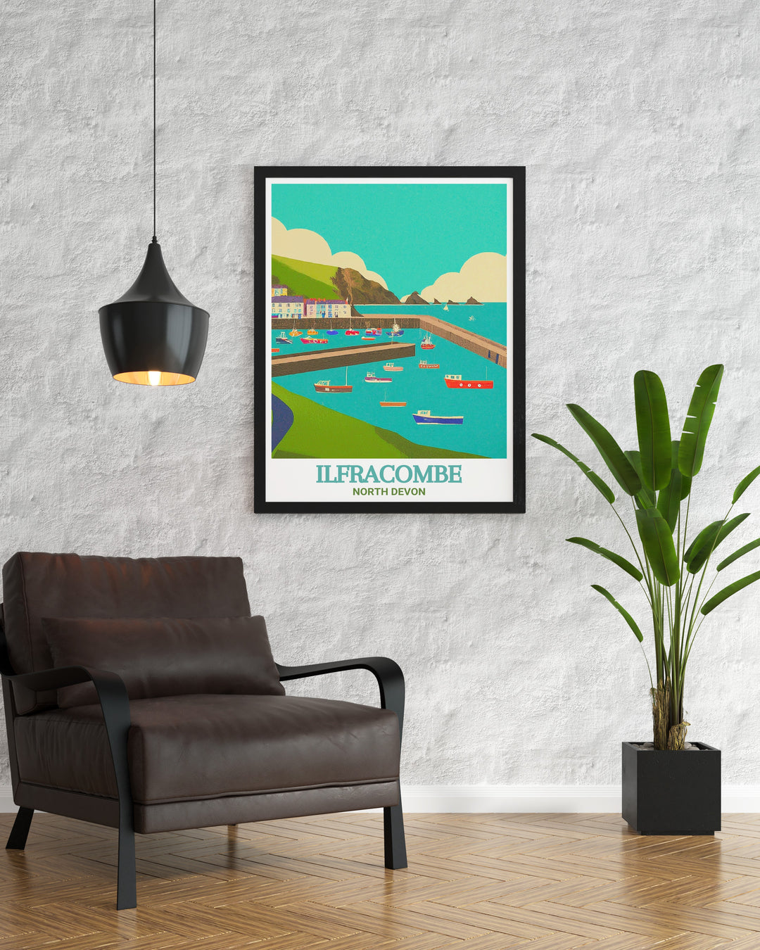 Ilfracombe Harbour travel poster illustrating the serene beauty of Devons coastline. This art piece is perfect for those who want to bring the calming presence of the sea into their homes.