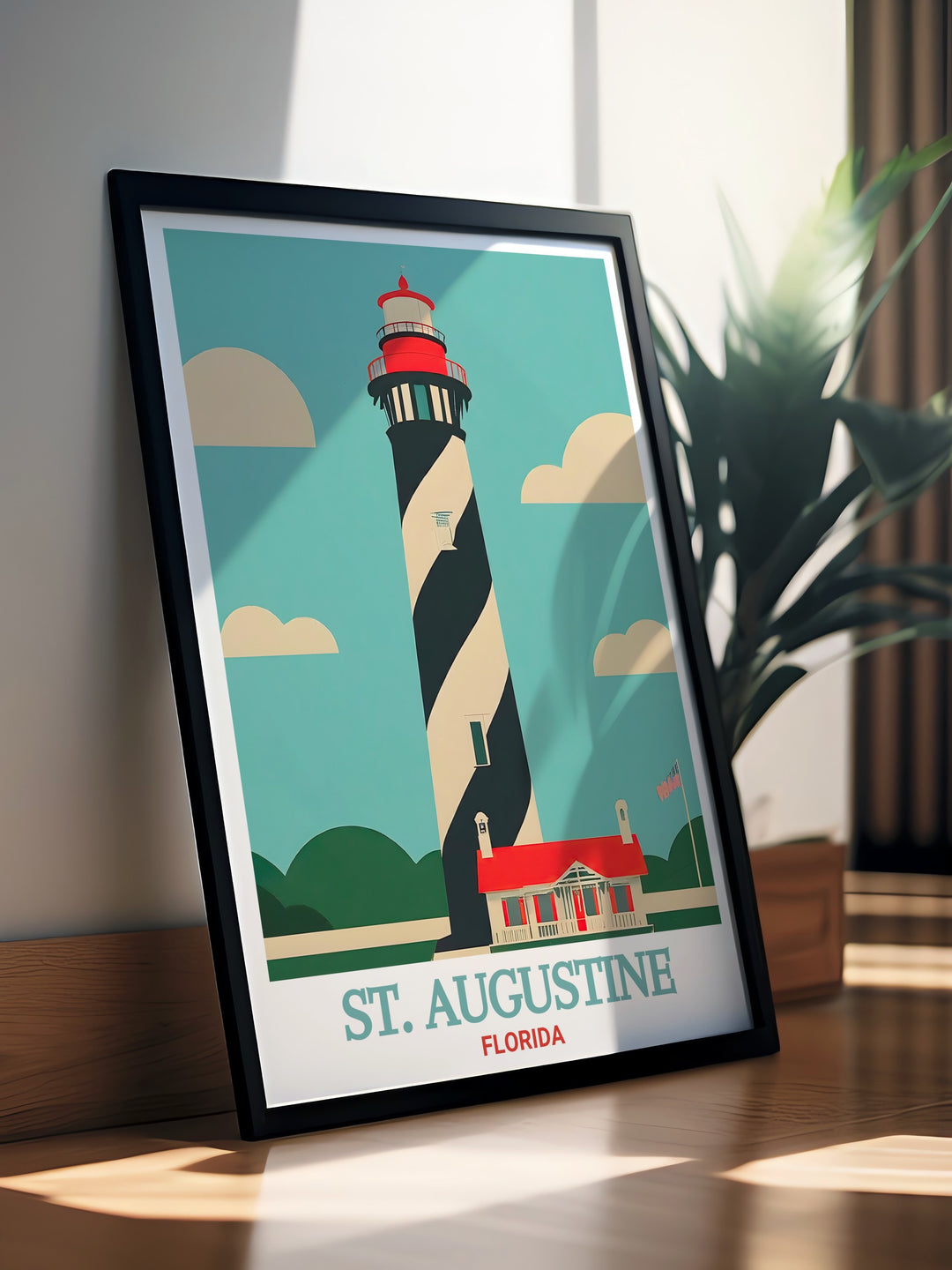 Floridas St. Augustine Lighthouse is beautifully captured in this travel art print. Ideal for lovers of Florida history and coastal beauty, this poster brings the charm and significance of this iconic lighthouse into your living space.