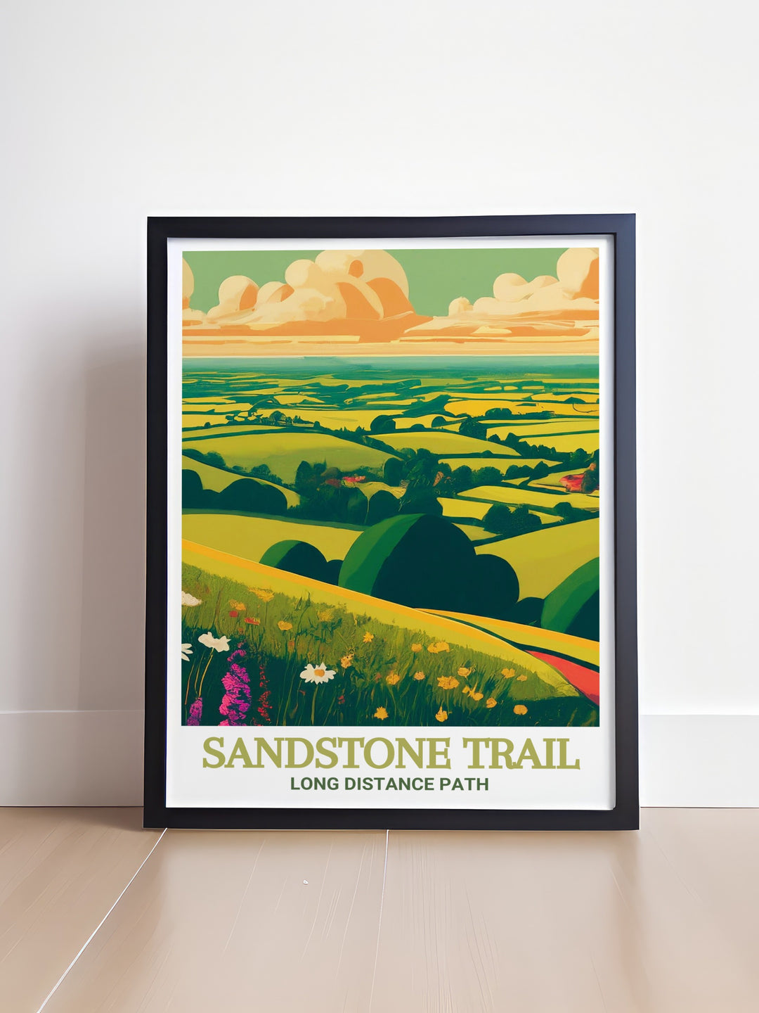 Sandstone Trail hiking poster depicting the serene beauty and diverse landscapes of this long distance trail. This print celebrates the natural wonders and tranquil scenery, making it a perfect addition to your collection of scenic European landscapes.