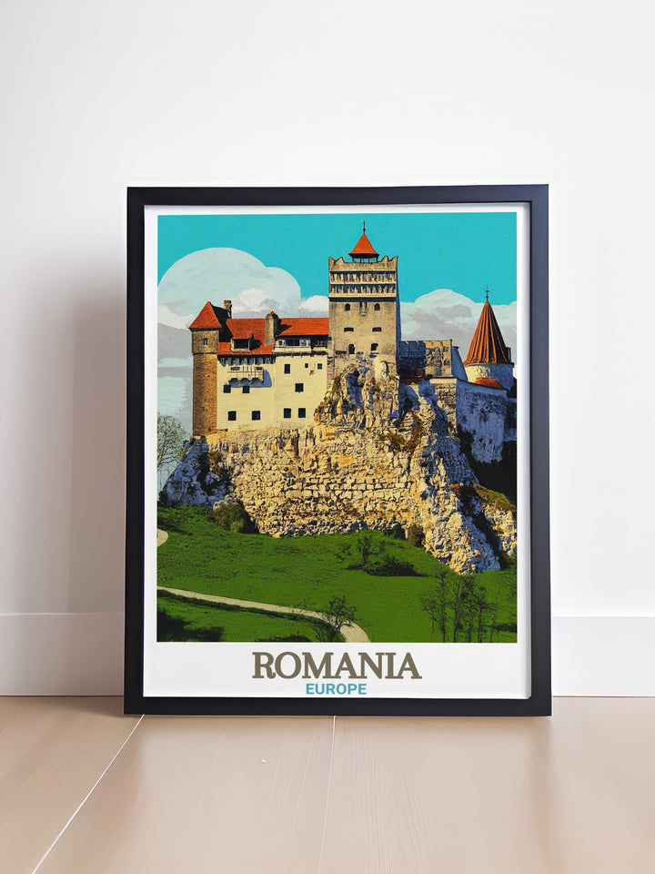 A vibrant wall print of Bran Castle in Romania, illustrating the grand fortress with intricate details and bold colors. This travel poster brings a piece of Transylvanian history into your home, ideal for adding a cultural touch to any wall or room.