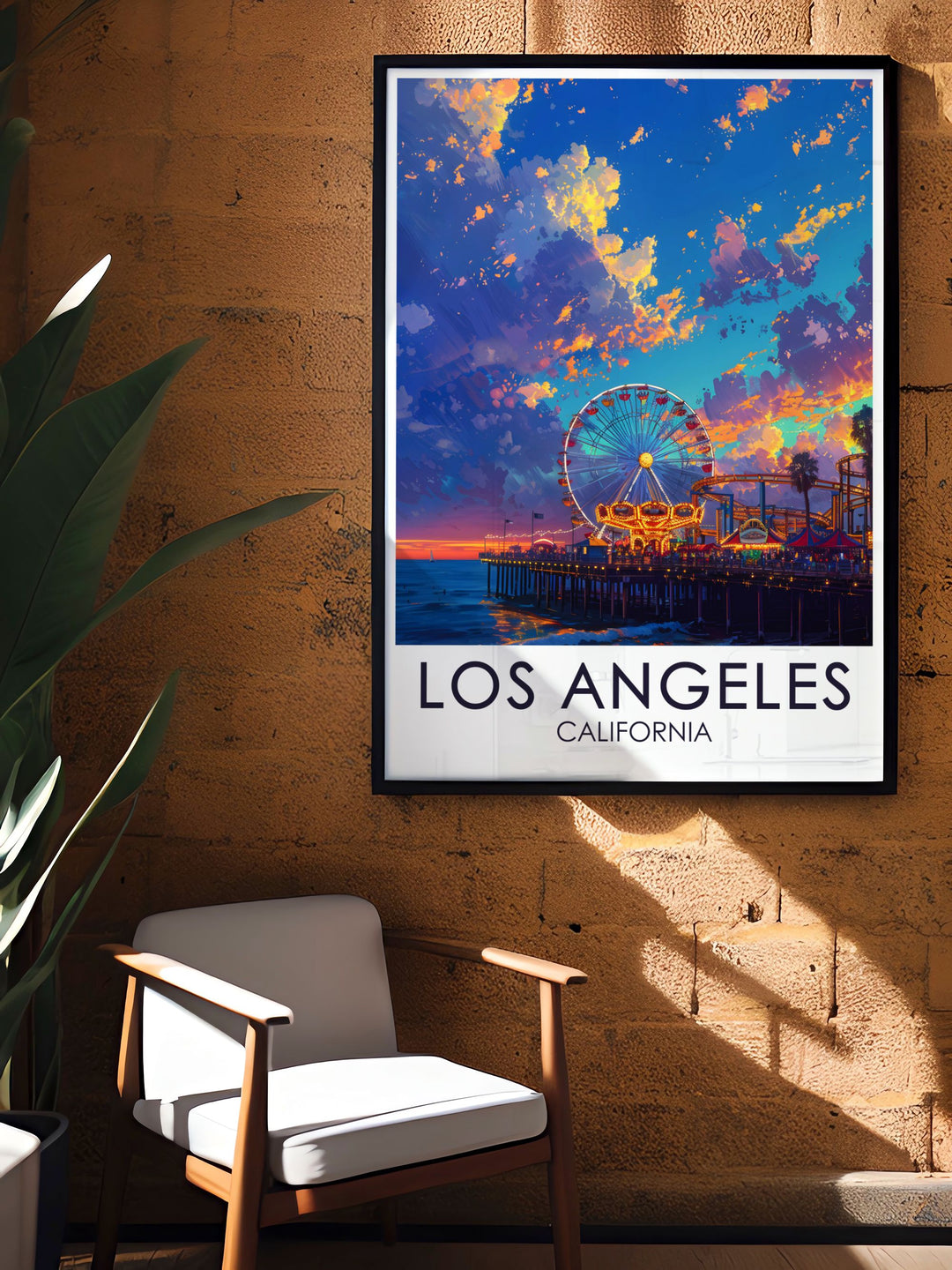 Santa Monica Pier photo print capturing the essence of Los Angeles vibrant culture perfect for enhancing any room with its detailed and colorful imagery an excellent choice for those who appreciate fine art and the beauty of California