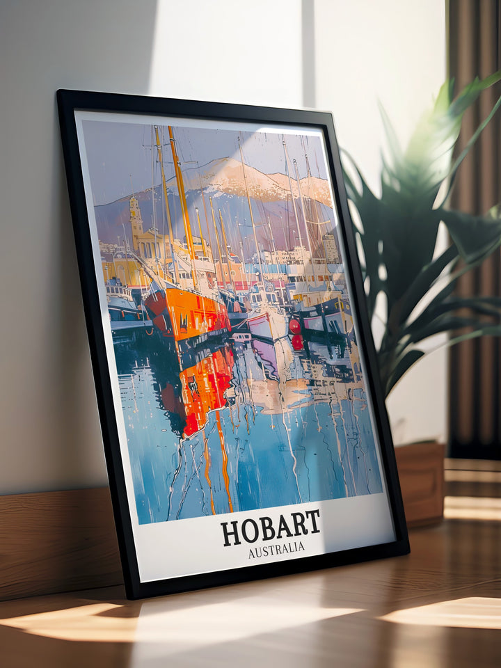 Stunning Hobart poster showcasing the dramatic vistas from Mount Wellington and the energetic atmosphere at Hobart Port. The print captures the essence of Hobarts diverse scenery, perfect for those who love Australia travel art