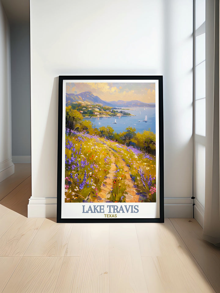 Lake Travis comes alive in this stunning travel print. Whether for your living room, bedroom, or office, this piece captures the lakes peaceful charm, bringing the tranquility of nature into your everyday life.