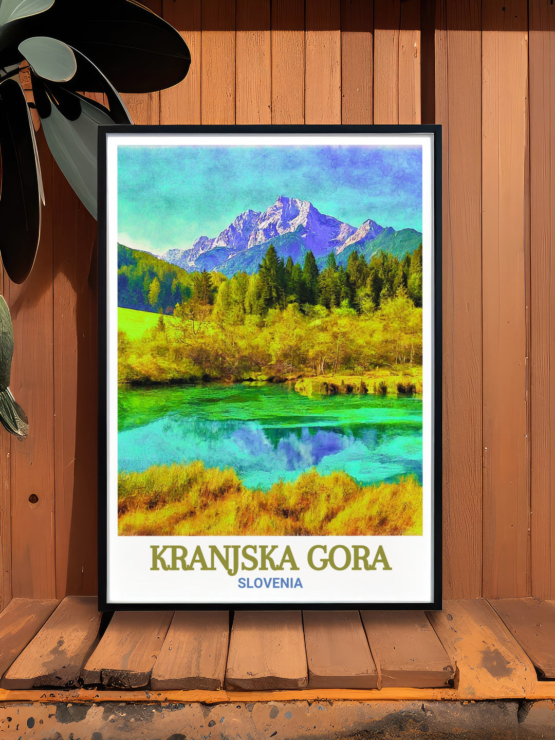 Travel poster of Zelenci Nature Reserve, showcasing the harmonious blend of tranquil waters and lush greenery. This print captures the essence of Zelenci Nature Reserves beauty, making it a perfect gift for those who appreciate natures magnificence.