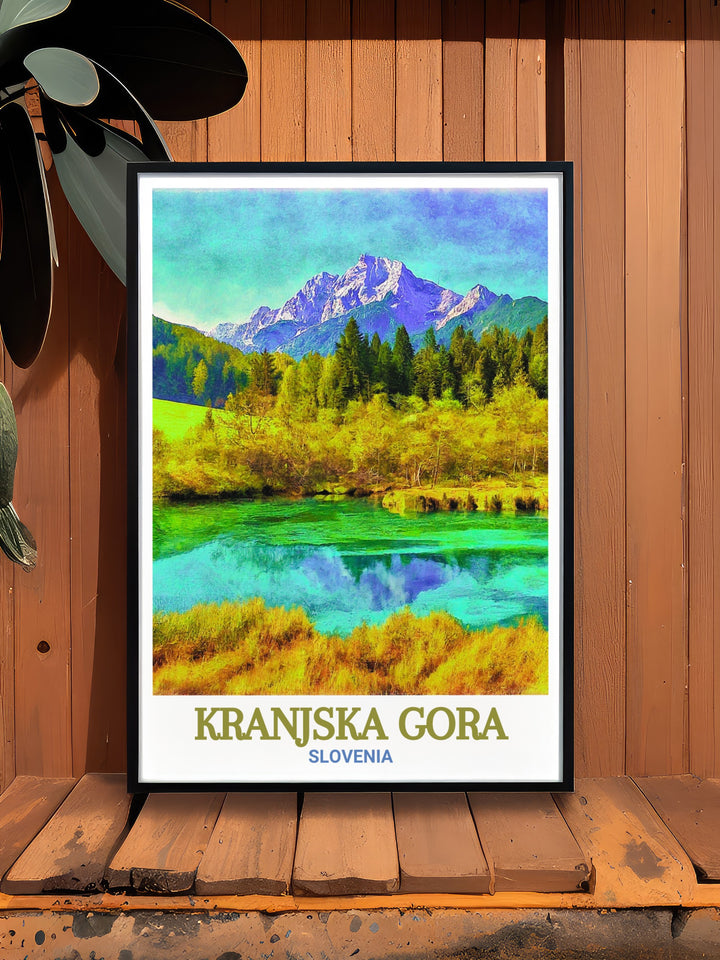 Travel poster of Zelenci Nature Reserve, showcasing the harmonious blend of tranquil waters and lush greenery. This print captures the essence of Zelenci Nature Reserves beauty, making it a perfect gift for those who appreciate natures magnificence.