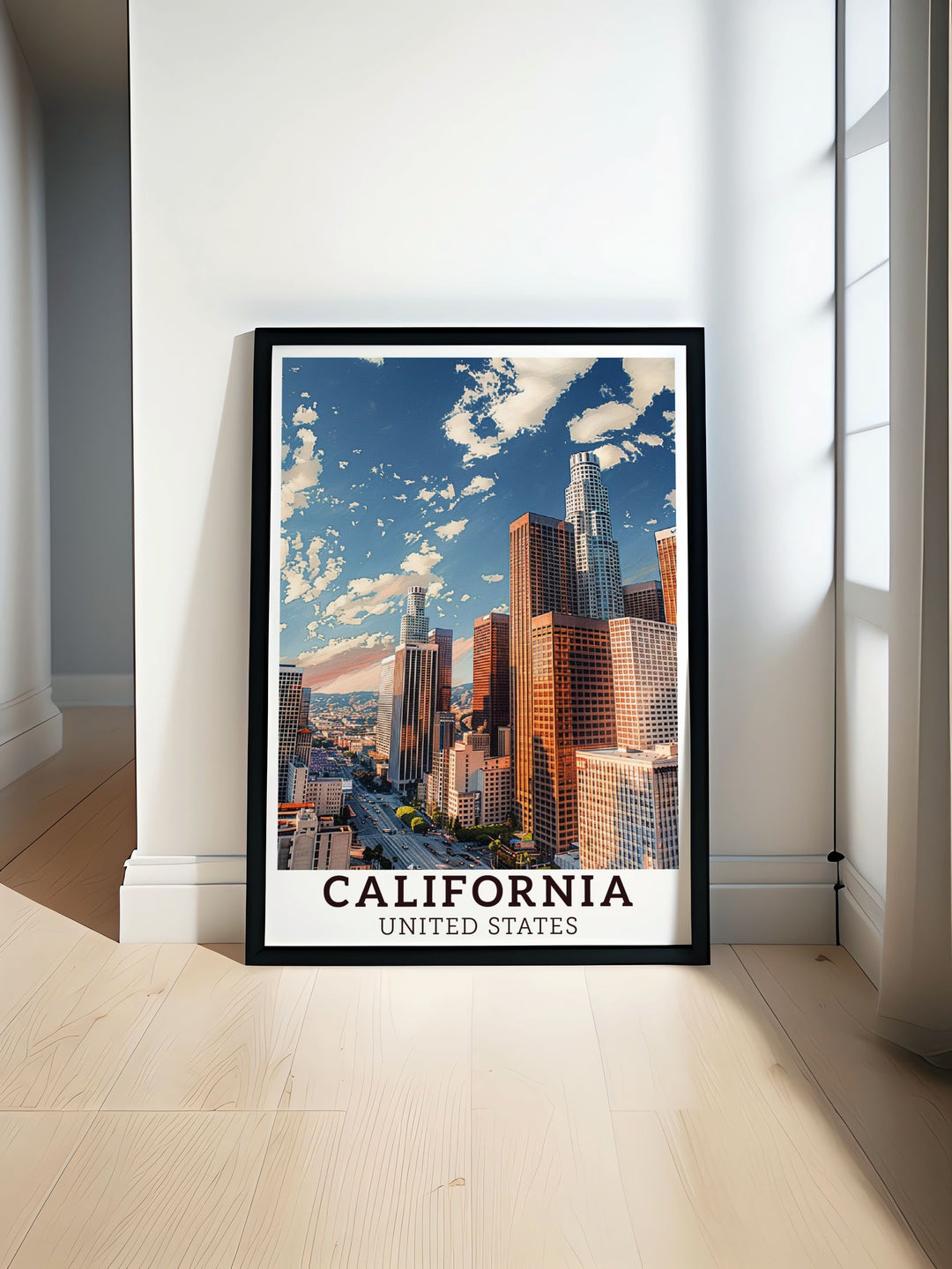 Los Angeles travel poster showcasing the vibrant cityscape and iconic skyline of Californias famous city perfect for home decor and travel enthusiasts adds a touch of California charm to any room ideal for those who love Los Angeles and its dynamic energy