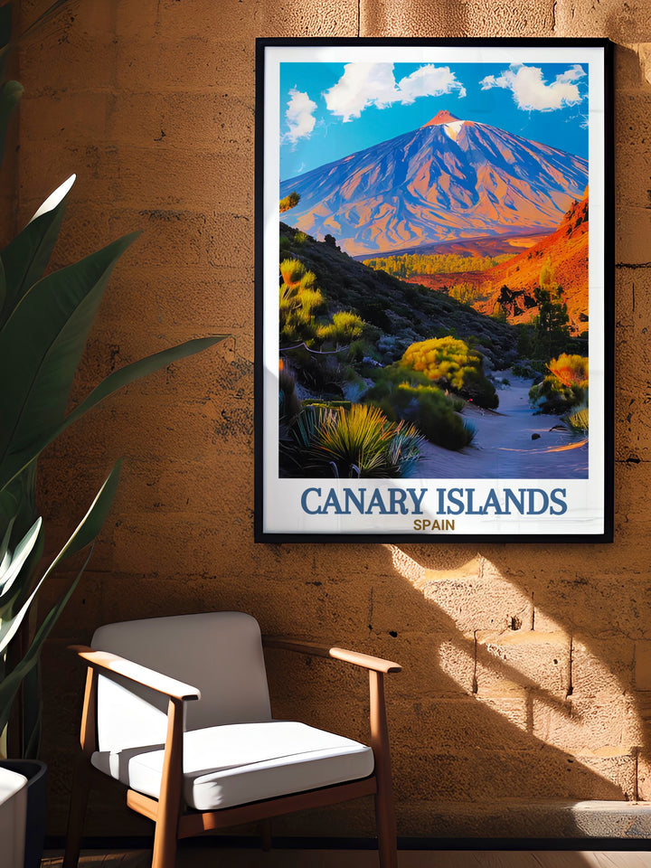 Teide National Park Tenerife art print offering a unique portrayal of the Canary Islands. This travel poster is perfect for home decor and makes a wonderful gift for Spain lovers and anyone who appreciates the stunning beauty of Fuerteventura.