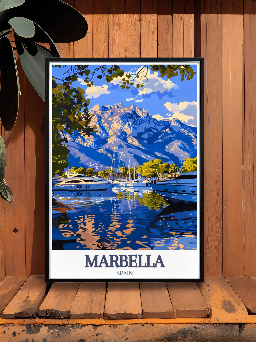 Marbella travel print showcasing the iconic Puerto Banus marina and the impressive La Concha mountain perfect for adding a touch of sophistication to your wall decor