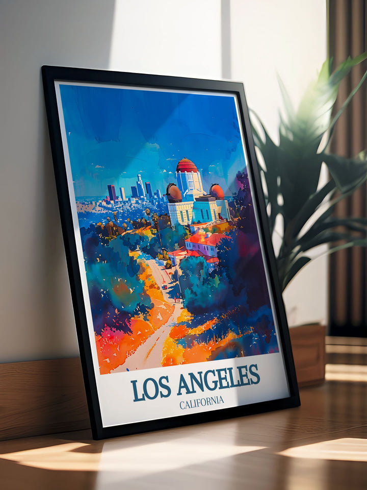 Los Angeles travel print featuring Mount Hollywood and Griffith park ideal for housewarmings birthdays or special occasions bringing California charm to any space